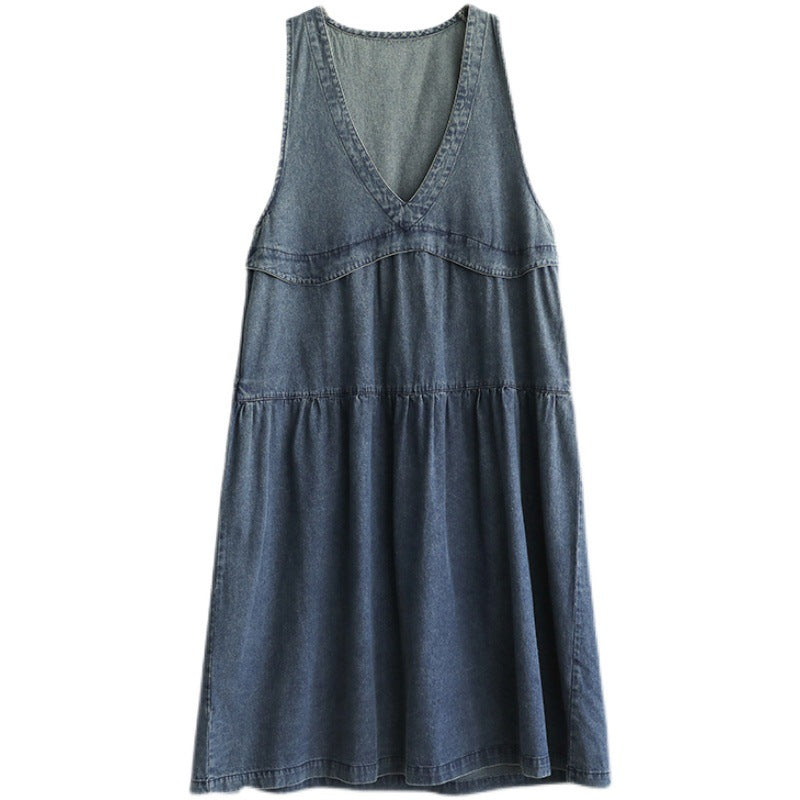 Summer Loose Sleeveless V-Neck Cotton Denim Dress