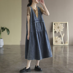 Summer Loose Sleeveless V-Neck Cotton Denim Dress