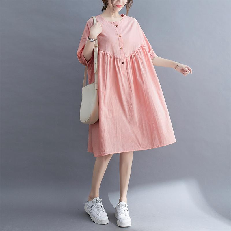 Summer Pink Plus Size Casual Cotton Linen Dress