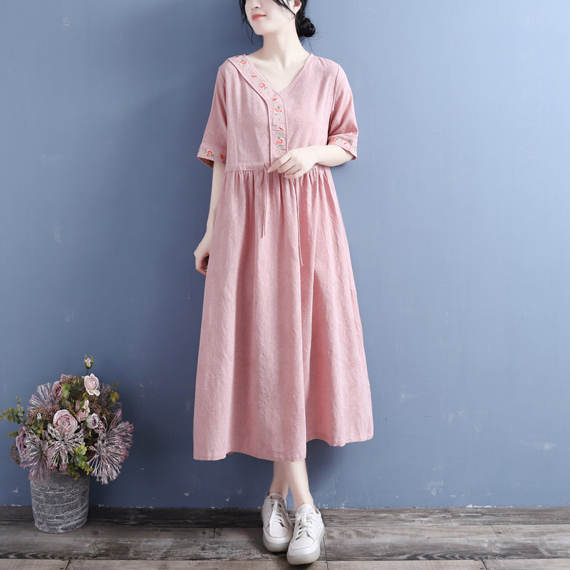 Summer Retro Cotton Linen Embroidery V-neck Drawstring Dress