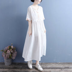 Summer Retro Cotton Linen Embroidery V-neck Drawstring Dress