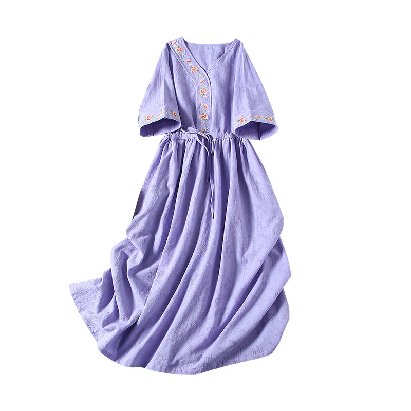 Summer Retro Cotton Linen Embroidery V-neck Drawstring Dress