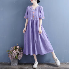 Summer Retro Cotton Linen Embroidery V-neck Drawstring Dress