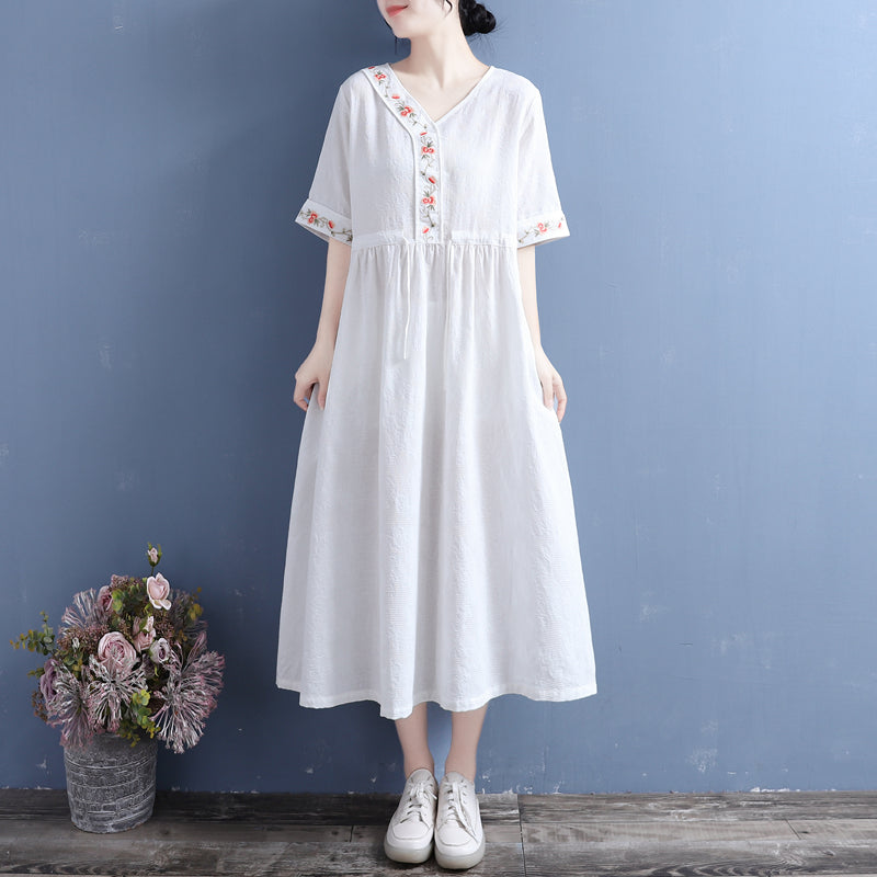 Summer Retro Cotton Linen Embroidery V-neck Drawstring Dress