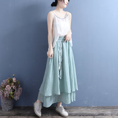 Summer Retro Cotton Linen Floral Embroidery Ribbon Skirt