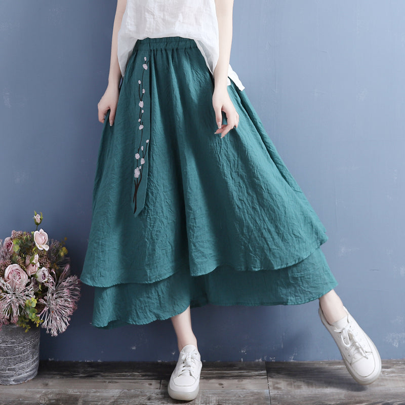 Summer Retro Cotton Linen Floral Embroidery Ribbon Skirt