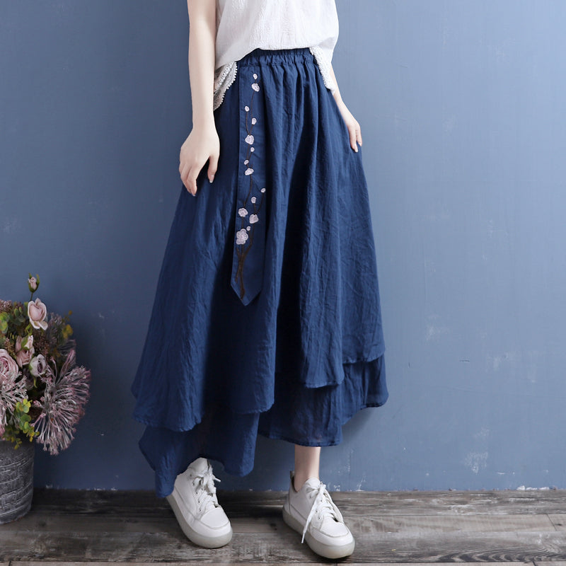 Summer Retro Cotton Linen Floral Embroidery Ribbon Skirt