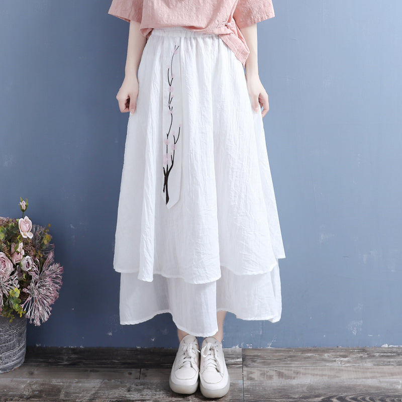 Summer Retro Cotton Linen Floral Embroidery Ribbon Skirt