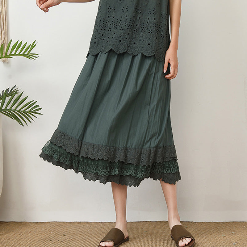 Summer Retro Embroidery Lace Trim Cotton Linen Skirt