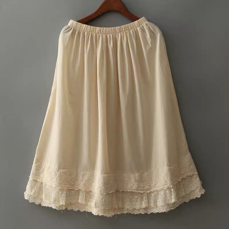 Summer Retro Embroidery Lace Trim Cotton Linen Skirt