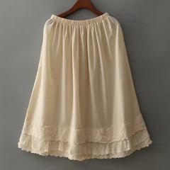 Summer Retro Embroidery Lace Trim Cotton Linen Skirt