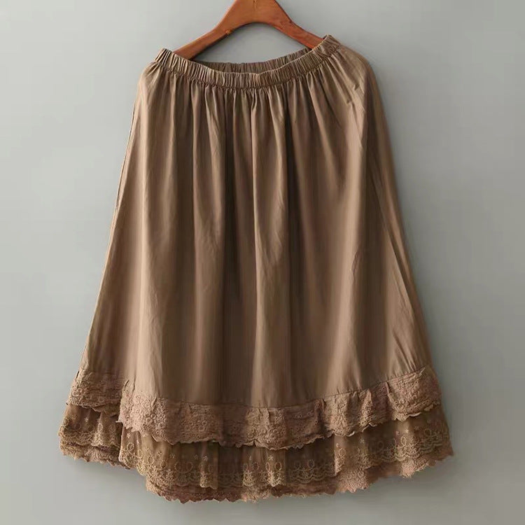 Summer Retro Embroidery Lace Trim Cotton Linen Skirt