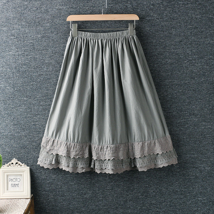 Summer Retro Embroidery Lace Trim Cotton Linen Skirt