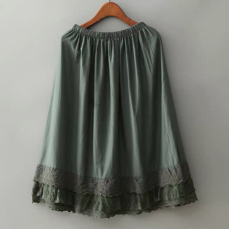 Summer Retro Embroidery Lace Trim Cotton Linen Skirt