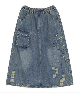 Summer Retro Embroidery Ripped Cotton Denim Skirt