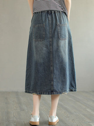 Summer Retro Embroidery Ripped Cotton Denim Skirt