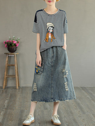 Summer Retro Embroidery Ripped Cotton Denim Skirt