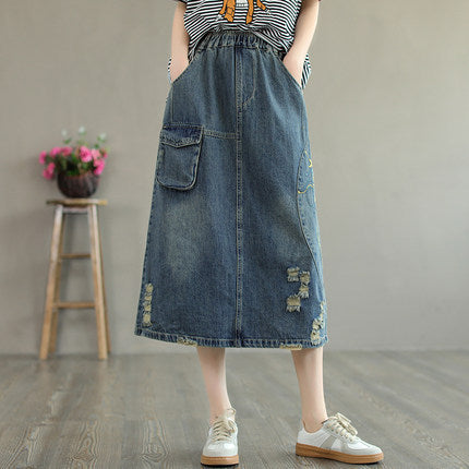 Summer Retro Embroidery Ripped Cotton Denim Skirt