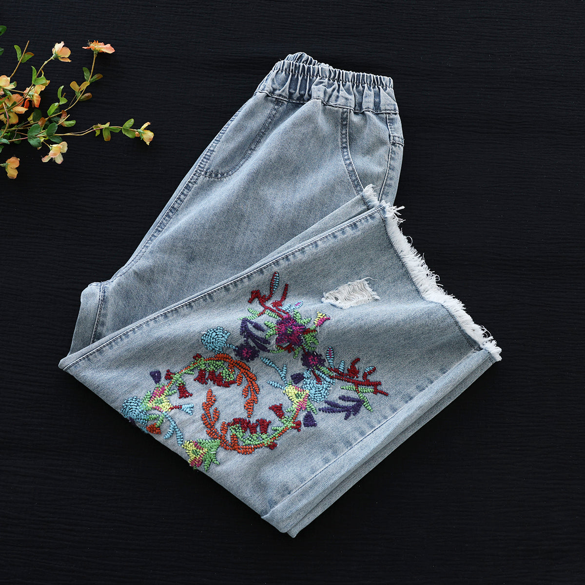 Summer Retro Floral Embroidery Cotton Wide-Leg Jeans