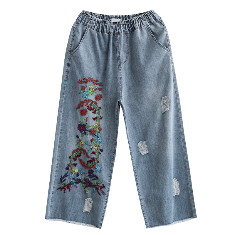 Summer Retro Floral Embroidery Cotton Wide-Leg Jeans