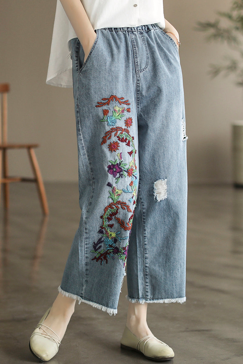 Summer Retro Floral Embroidery Cotton Wide-Leg Jeans