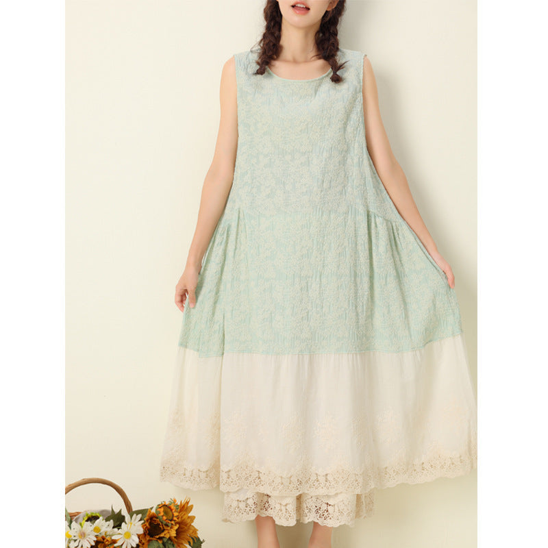 Sommerliches, ärmelloses Baumwoll-Leinen-Kleid mit Retro-Blumenstickerei