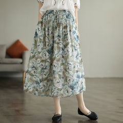 Summer Retro Floral Printed Cotton A-Line Skirt