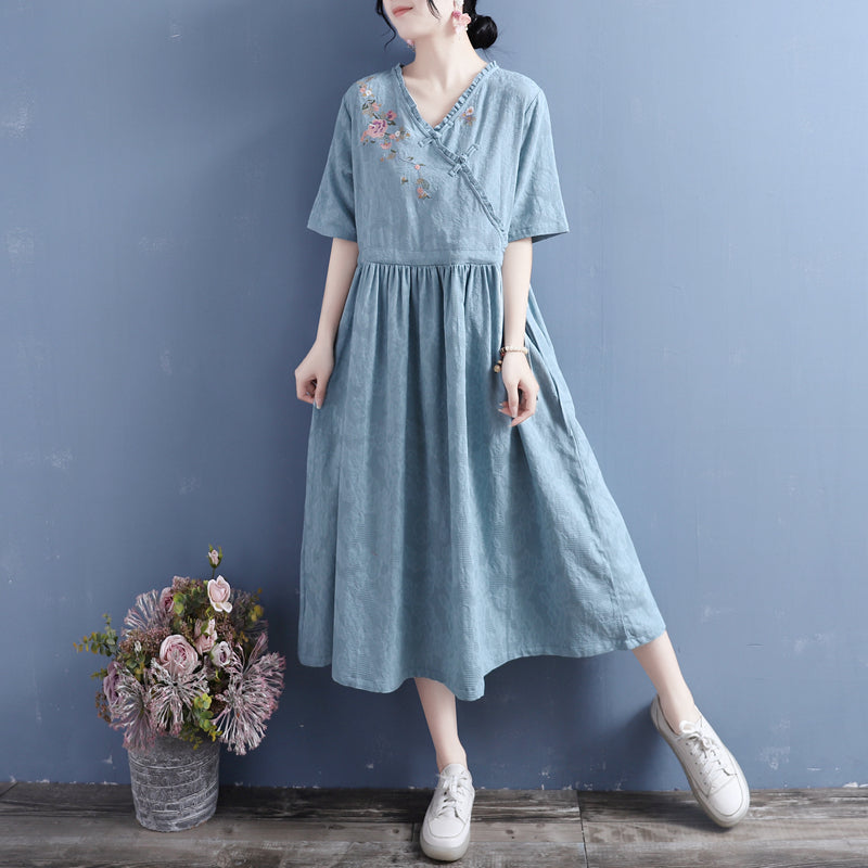 Summer Retro Floral Short Sleeve Cotton Linen Dress