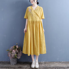 Summer Retro Floral Short Sleeve Cotton Linen Dress