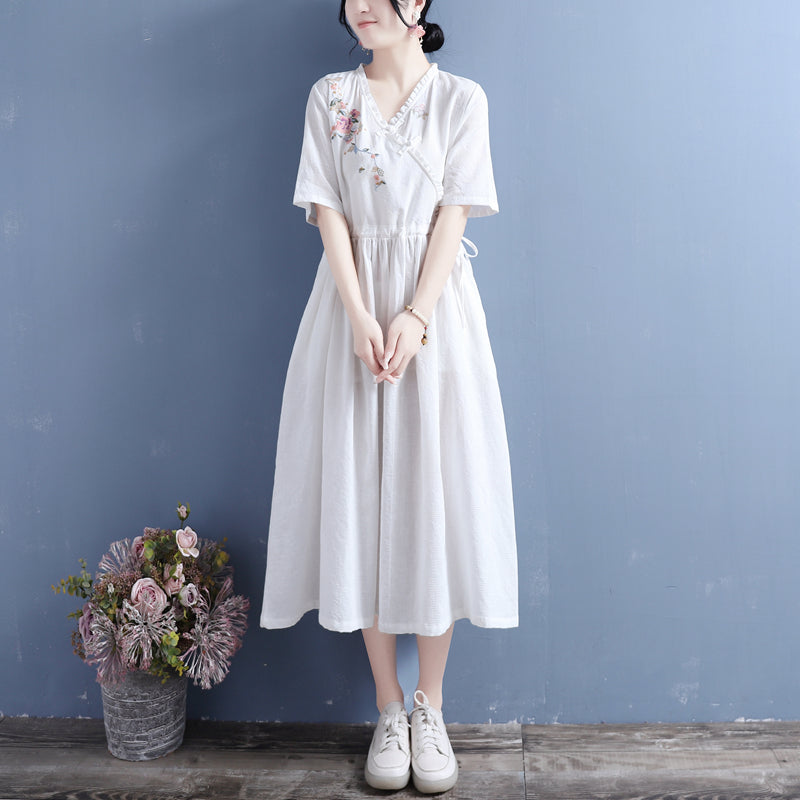 Summer Retro Floral Short Sleeve Cotton Linen Dress