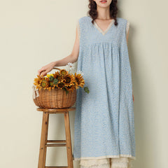 Summer Retro Floral Sleeveless V-Neck Cotton Dress