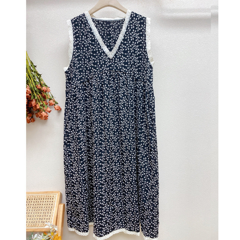 Summer Retro Floral Sleeveless V-Neck Cotton Dress