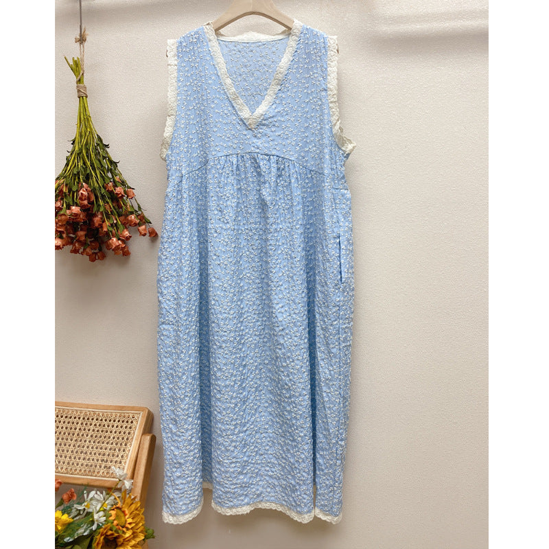 Summer Retro Floral Sleeveless V-Neck Cotton Dress