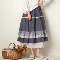 Summer Retro Lace Trim Floral Cotton Linen Skirt