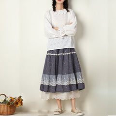 Summer Retro Lace Trim Floral Cotton Linen Skirt