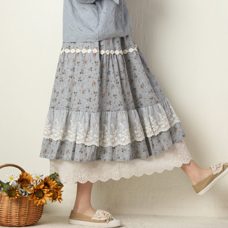 Summer Retro Lace Trim Floral Cotton Linen Skirt