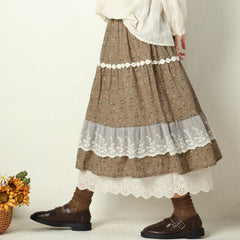 Summer Retro Lace Trim Floral Cotton Linen Skirt