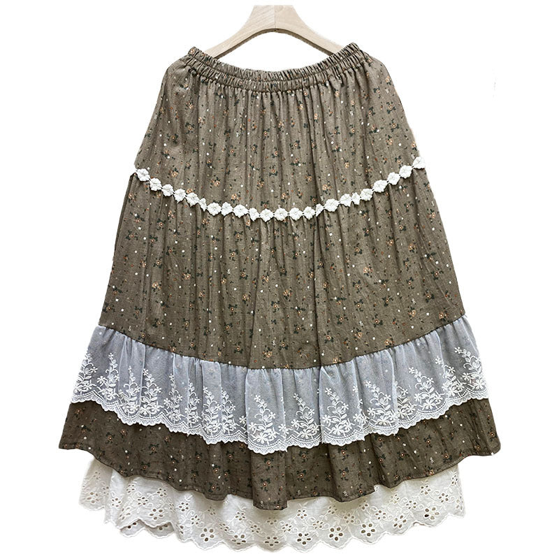 Summer Retro Lace Trim Floral Cotton Linen Skirt