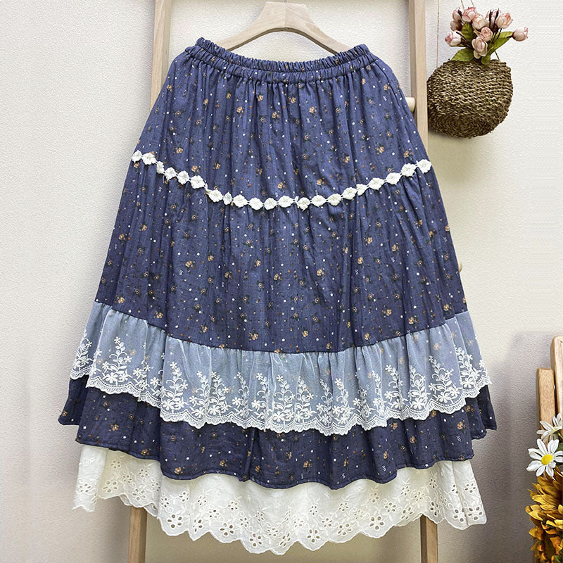 Summer Retro Lace Trim Floral Cotton Linen Skirt