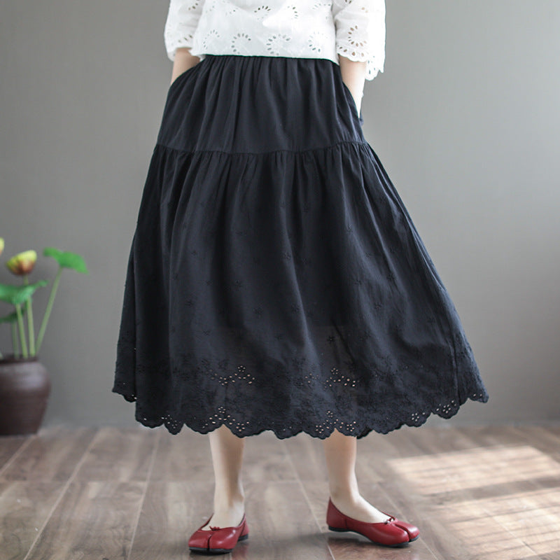 Summer Retro Linen Loose Hollow Pleated Skirt