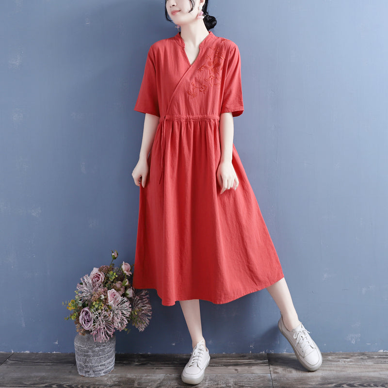 Summer Retro Loose Casual Solid Cotton Linen Dress