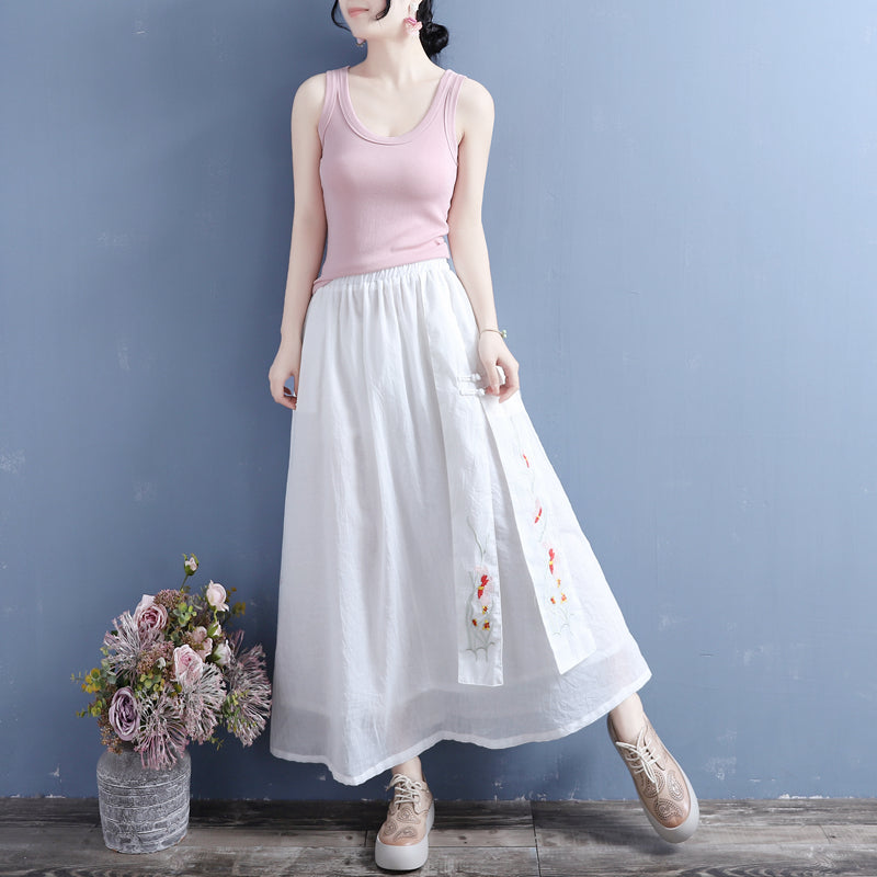 Summer Retro Loose Cotton Linen Embroidery Skirt