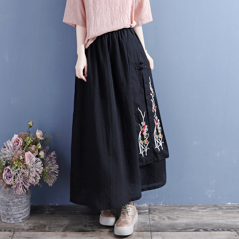 Summer Retro Loose Cotton Linen Embroidery Skirt