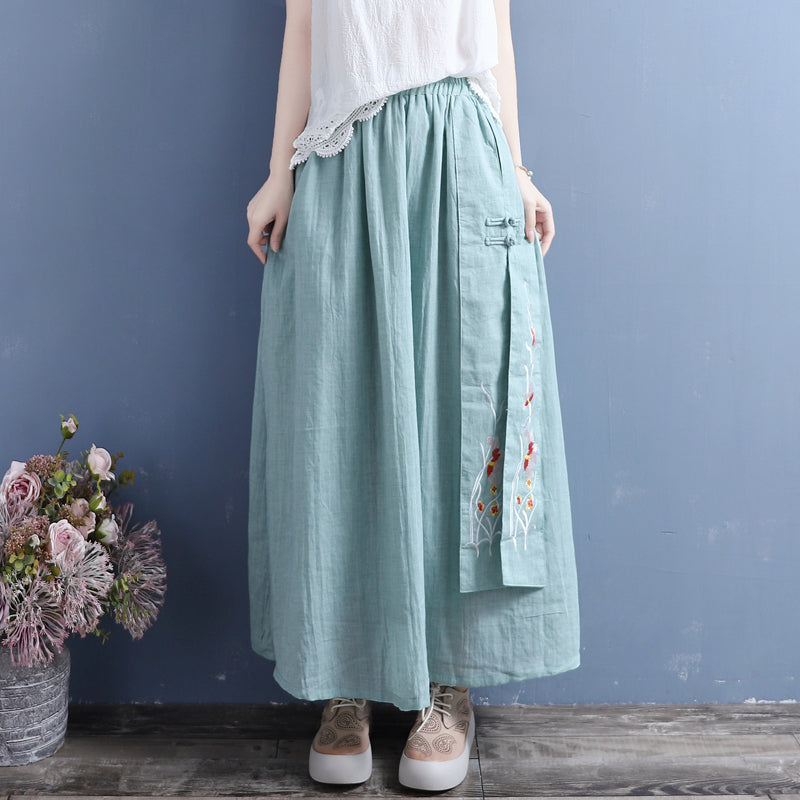 Summer Retro Loose Cotton Linen Embroidery Skirt