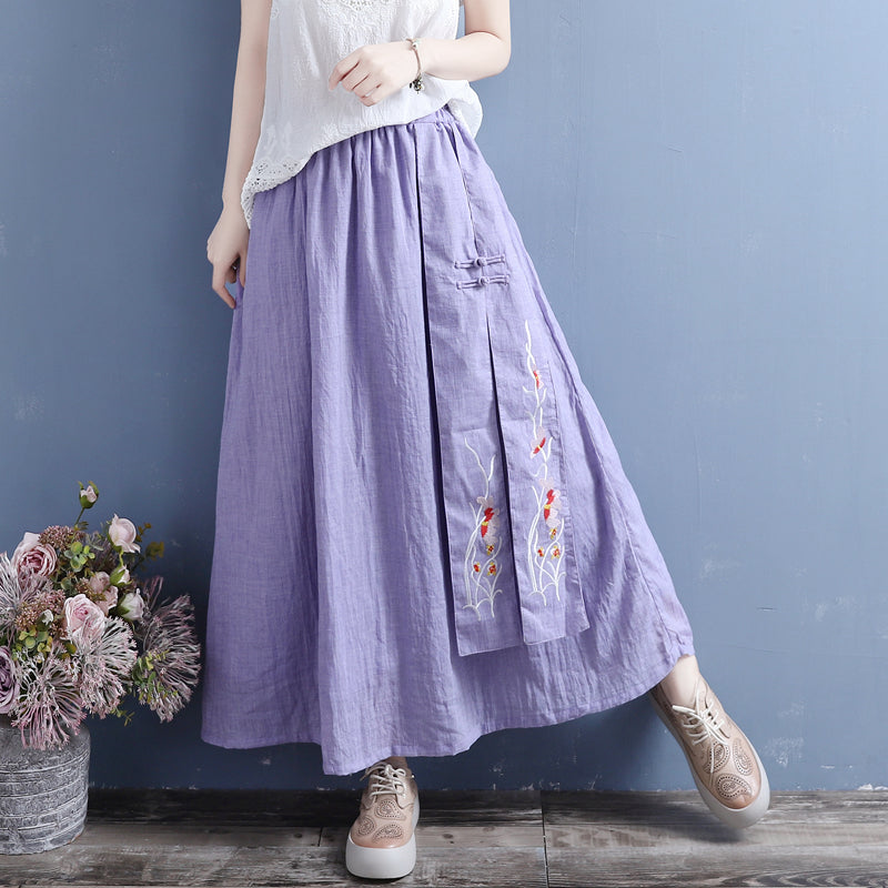 Summer Retro Loose Cotton Linen Embroidery Skirt