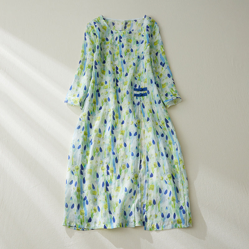 Summer Retro Loose Floral Linen Dress