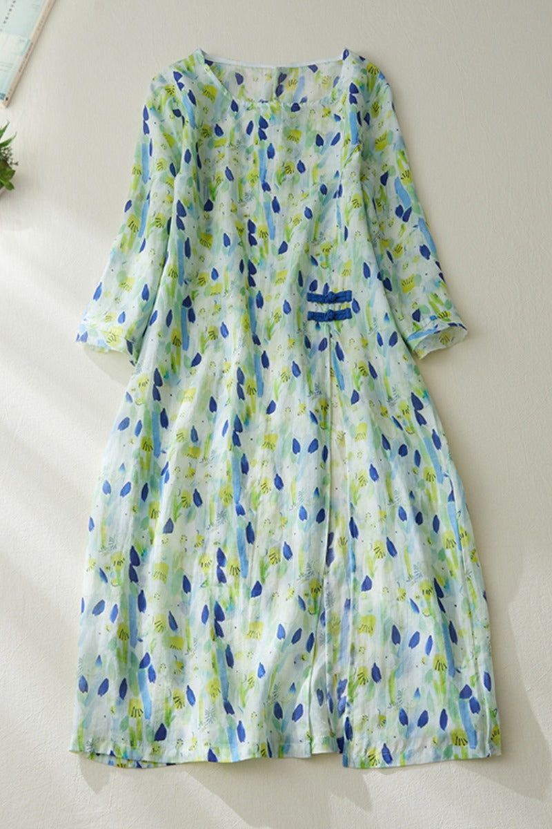 Summer Retro Loose Floral Linen Dress