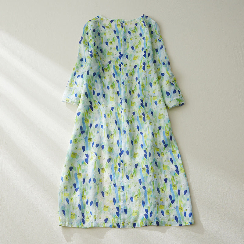 Summer Retro Loose Floral Linen Dress