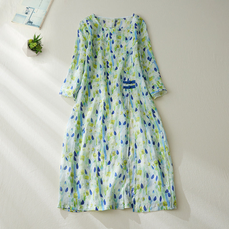 Summer Retro Loose Floral Linen Dress