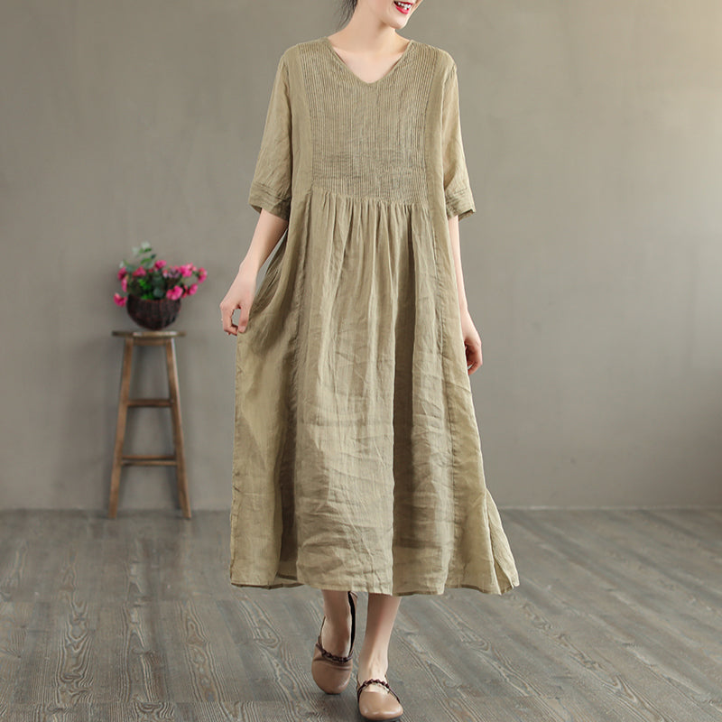 Summer Retro Loose Half Sleeve Linen V-Neck Dress